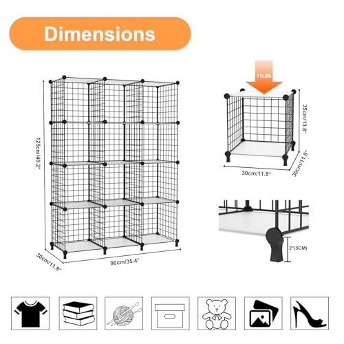 AWTATOS 12 Cube Storage Wire Closet Organizers DIY Stackable Storage Shelves Bookcase Cabinet for Home Office, Black - color: Black+translucent, size: 12 Cube(30x30cm)