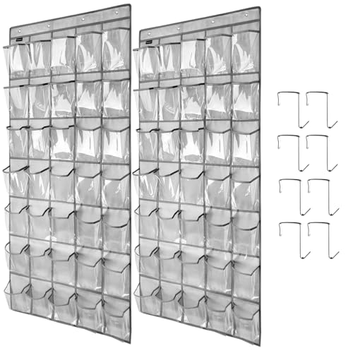 Clear Crystal 2 Pack 35 Pockets Large Hanging Shoe Organizer Over The Door Shoe Rack for Closet Door Storage Shoe Holder Hanger, 8Hooks, grey - color: grey
