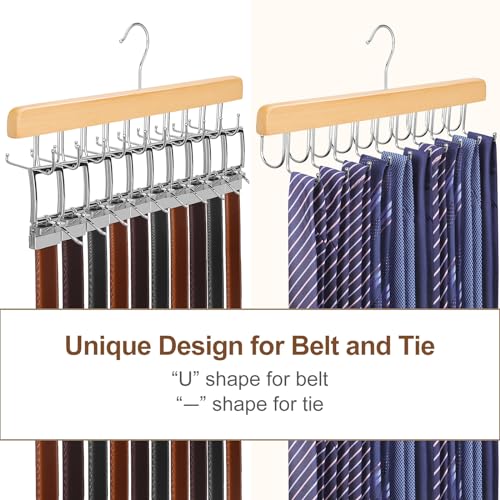 TOPIA HANGER 2 in 1 Belt Tie Hanger for Closet Max 30 Belts with 30 Ties Capacity, 20 Hooks Belt Tie Racks Wooden Hanger for Closet Organizer Storage Space Saving “U” Fit Belt and “一” Fit Tie - CT47N - color: Natural
