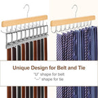 TOPIA HANGER 2 Pack 2 in 1 Belt Tie Hanger for Closet Max 60 Belts with 60 Ties Capacity, 20 Hooks Belt Tie Racks Wooden Hanger for Closet Organizer Space Saving “U” Fit Belt and “一” Fit Tie - CT59N - color: Natural-2 Pack