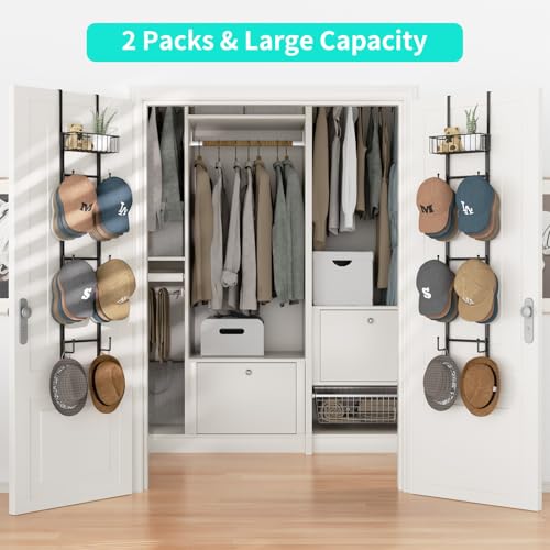 HapiRm Over Door Hat Rack - 2 Packs Wall Mounted Hat Holder with 6 Hooks and Metal Basket Design, Baseball Cap Organizer Storage Up to 32 Caps for Door, Bedroom, Closet, Black - color: Black, size: 2 Pack