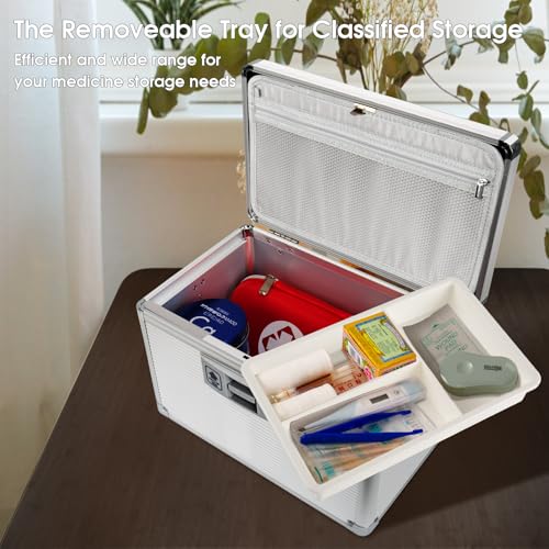 Medicine Lock Box with Key, Alluminum Alloy Box for Medication,First Aid Box with a Removeable Tray to Store Medicines & Pills for Home, Silver, 16 * 9.25 * 7.48 Inch - color: Silver, size: X-Large-16inch