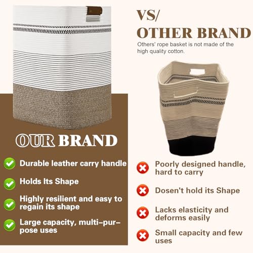 Laundry Hamper, 85L Tall Laundry Basket with Leather Handles, Rectangle Large Clothes Hamper for Organizing, Cotton Woven Laundry Baskets Storage Hampers for Bedroom, Nursery, Living Room - color: Rice Brown & White, size: 85L