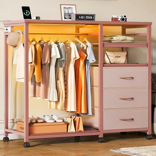 WLIVE Pink Dresser with Hanging Rack for Bedroom, 3 Drawer Dresser with LED Lights & Charging Station, Fabric Dressers & Chest of Drawers, Storage Organizer with Open Shelves for Living Room - color: Pink