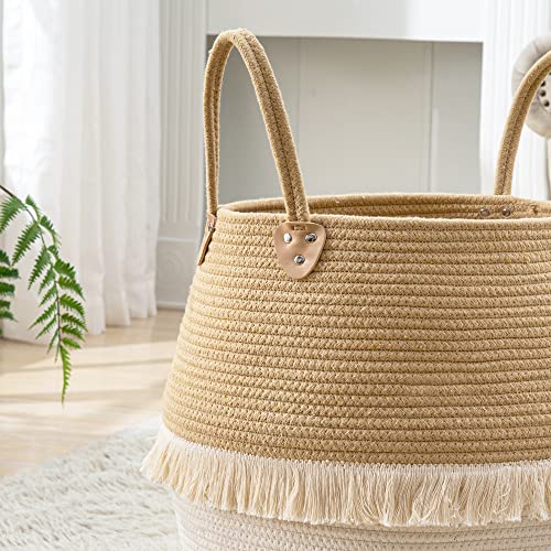 KAKAMAY Woven Baskets for Storage(17"x17"),Large Cotton Rope Woven Baby Laundry Hamper,Collapsible Laundry Basket, Blanket Basket for Organizing Living Room,Nursery,Pillows,Toy Chest(Beige) - color: Beige Fringe