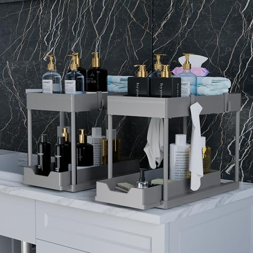 DEKAVA Under Sink Organizer 2 Pack，Bathroom Cabinet Organizer，2 Tier Sliding Cabinet Basket Organizer Drawer, Multi-Purpose Bath Collection Baskets for Bathroom (Grey) - color: Grey
