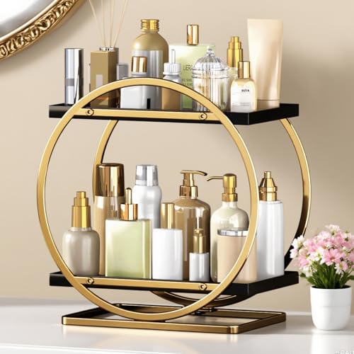 Makeup Organizer for Vanity, Black Gold Perfume Organizer for Dresser, 2-Tier Bathroom Countertop Organizers, Bathroom Counter Shelf Skincare Holder Perfume Tray Cosmetic Display - color: ‎black Gold, Circular