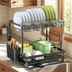Dish Drying Rack, 2 Tier Space-Saving Dish Rack, Multifunctional Dish Drainer for Kitchen Counter with Drainboard/Utensil/Cup Holder Rustproof Carbon Steel, Black - color: Black