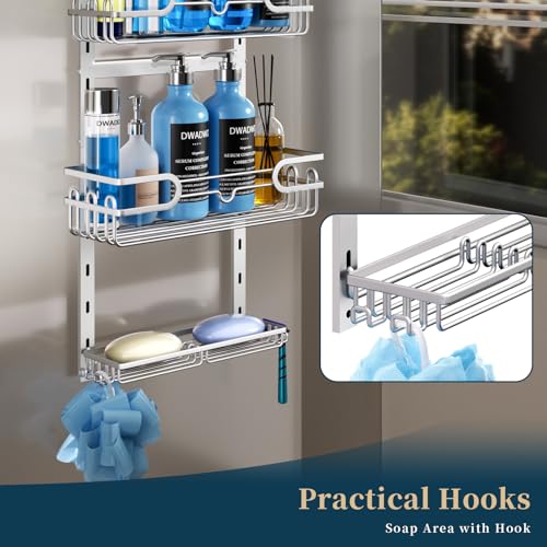 Consumest Over The Door Shower Caddy - 4 Tier Adjustable Hanging Shower Organizer Shelf with 2 Soap Holders & 22 Hooks, Rustproof Easy Installation Hanging Storage Rack for Bathroom, Silver - color: Silver, size: 4-tier
