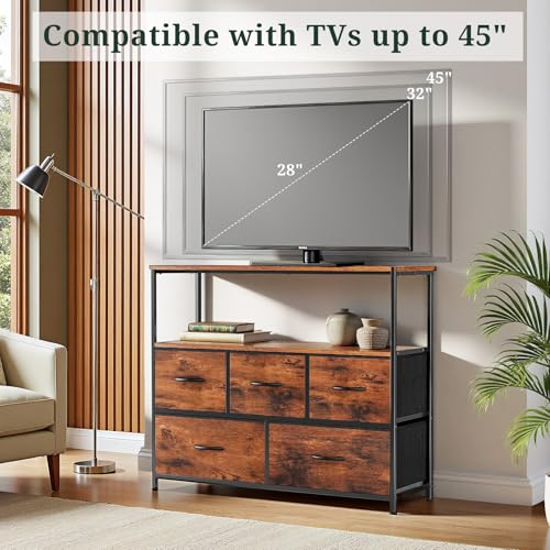 TV Stand, 5 Fabric Drawers Dresser Entertainment Center for TV up to 45 inch Wooden Media Console Table Storage Organizer with Open Shelf, for Living Room, Bedroom, or Small Space, Brown - color: Brown, size: 5 Drawers
