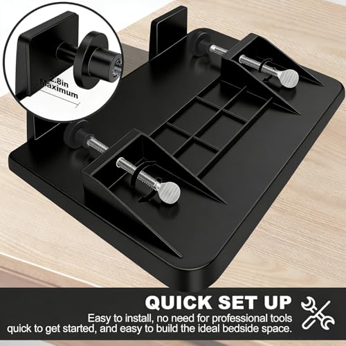 Bedside Shelf, Bed Shelf, Clip on Floating Desk Tray, Dorm Room Essentials Organizer for College Students, Top Bunk Shelf with Storage, Loft Nightstand Decor - Cable Organizer, Black
