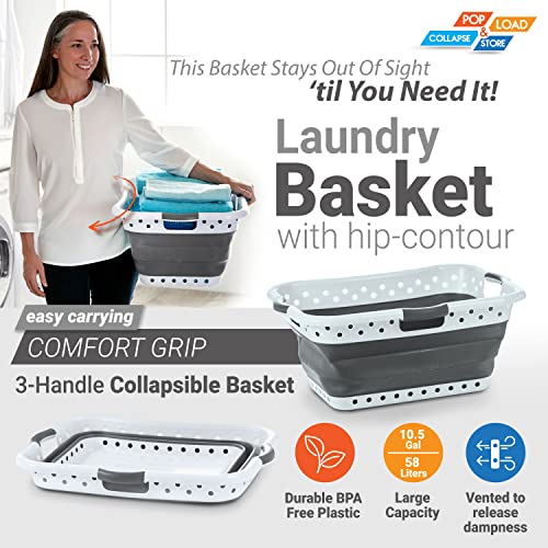 Pop & Load Collapse and Store Collapsible Plastic Laundry Basket, Large 1 pc Pop Up Laundry Hamper with 3 Comfort Grip Handles, 10.5 Gallons, Gray - color: Gray, size: Large HipHolder - 3 Handles