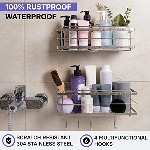 KINCMAX Shower Shelves 2-Pack - Self Adhesive Caddy with 4 Hooks - No Drill Large Capacity Stainless Steel Wall Shelf - Aesthetic Organizer for Inside Bathroom - Polished Silver - color: Polished Silver 01