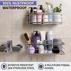 KINCMAX Shower Shelves 2-Pack - Self Adhesive Caddy with 4 Hooks - No Drill Large Capacity Stainless Steel Wall Shelf - Aesthetic Organizer for Inside Bathroom - Polished Silver - color: Polished Silver 01