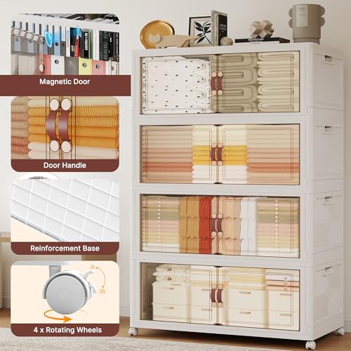 480QT Extra Large Stackable Storage Bins with Lids & Wheels & Door, 120Gal Foldable Collapsible Closet Organizers, Plastic containers drawers for bedroom Dorm - color: White