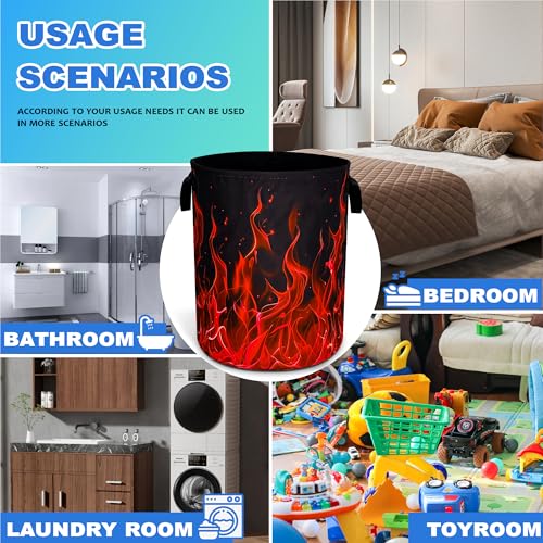 Red Flame Laundry Basket Oxford Cloth Funny Raging Fire Laundry Hamper With Handle Foldable Portable Clothes Storage Basket 18.9 X 16.5 In Storage Bag For Laundry Room/Bathroom/Bedroom/Dormitories - color: Red Flame
