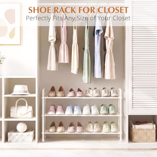 INSMART 3-Tier Expandable Shoe Rack, Stackable and Adjustable Shoes Organizer Storage Shelf, Sturdy and Durable Metal Structure Free Standing Shoe Rack for Closet Entryway Doorway, White - color: White, size: 3-Tier