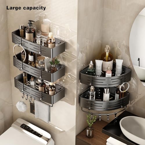 VOLPONE Adhesive Shower Caddy No Drilling Shower Shelves for Inside Shower Heavy Duty Bathroom Organizer Storage Rack with Towel Bar Hooks (2-Pack, Matte Gray) - style: Adhesive strip rectangle with towel bar 2 Tier Gray