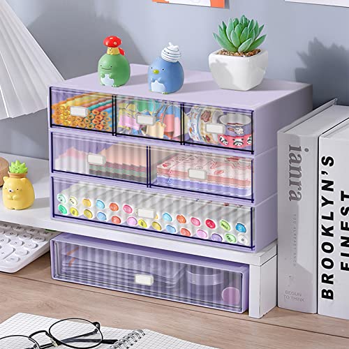 3 Tier Stackable Desk Organizer with 6 Drawers, Plastic Desktop Storage Box Drawers, Detachable Makeup Storage Office Stationery Supplies Organizer for Office School(Purple) - color: Purple