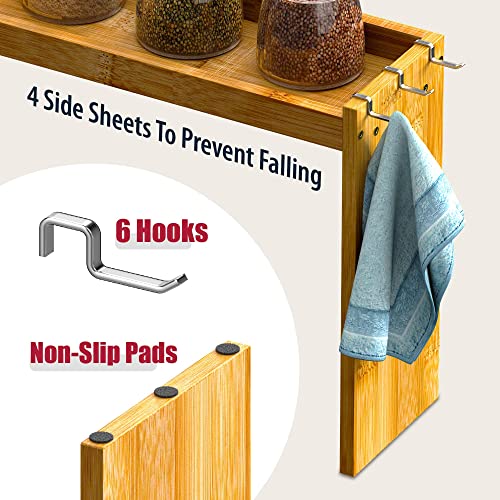 IIIOIIIA Bamboo Over the Stove Spice Shelf for Kitchen, 31.5" Spice Rack Organizer Shelf with 6 hooks, 11.4" Height Extra Storage Countertop, Easy to Assemble - color: Bamboo