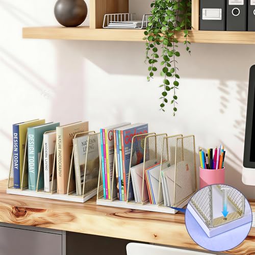 AUPSEN 5-Section Gold File Organizer for Desk, Wood Mesh Desktop File Organizer, File Sorter Storage Rack, Vertical Folder Holder for Files, Magazines, Books (Gold) - color: Gold