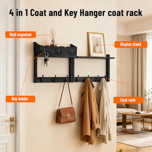 28" Coat Rack Wall Mount with Shelf, Entryway Key Holder Wall Mount Wood Wall Coat Hooks with 7 Hooks 3 Key Hanger, Wall Mounted Coat Rack Mail Holder for Living Room, Bedroom - color: Black, size: 28 inch