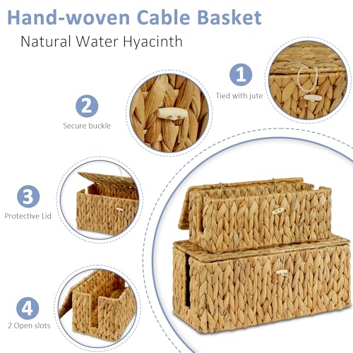 efluky 2 Pack Hand-Woven Cable Management Box with Lid, Water Hyacinth Open Slots Cord Box to Hide USB Wire, Power Strip & Charger for Home & Office and Dorm, Natural - color: Natural