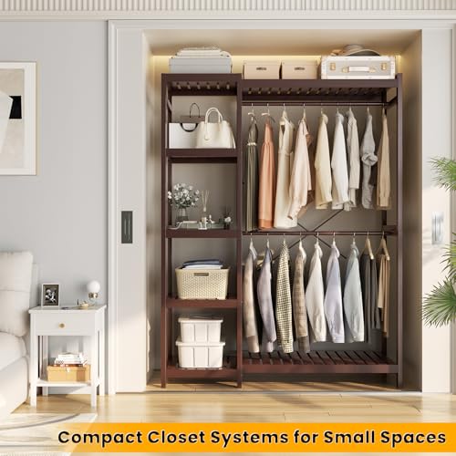 Homykic Bamboo Clothes Rack Garment Rack for Hanging Clothes, Heavy Duty Clothing Rack with 7 Tiers Adjustable Shelves, Double Rods, 4 Hooks, Freestanding Closet System Organizer Wardrobe, Espresso - color: Espresso, size: II Medium