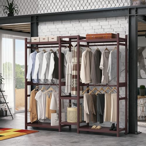 Homykic Bamboo Closet System Clothes Rack, Large Freestanding Garment Rack Clothing Rack for Hanging Clothes with 7 Storage Shelves and 5 Rods, Open Wardrobe Organizer with 4 Hooks, Espresso - color: Espresso, size: III Large