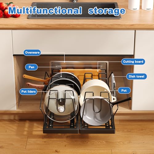Mustorn 2 Pack Pots and Pans Organizer Under Cabinet, 21.6" Deep Pull Out Pot Lid Organizer Holder with Guardrail Adhesive Pot and Pan Holder Rack with 10 Adjustable Dividers(Black) - color: Black, size: 2 Pack