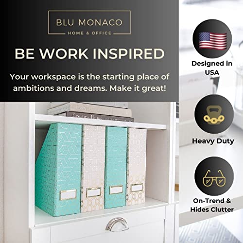 BLU MONACO | Set of 4 Foldable Pink & Aqua Magazine File Holders with Gold Geometric Patterns | Vertical File Organizer Boxes with Gold Label Holders for Home & Office - color: Pink-aqua