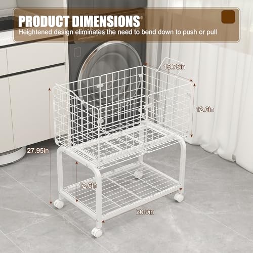 2-Tier Rolling Laundry Basket Cart with Wheels,Bathroom Laundry Hamper Cart with Handle and Divider,Multi-Purpose Storage Organizer for Laundry Room, Bathroom, Kitchen, Bedroom