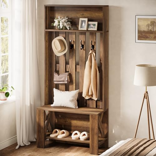 Tribesigns Hall Tree with Bench and Shoe Storage, 70.8" Tall Freestanding Coat Rack with Shoe Bench, Farmhouse Narrow Hall Tree Organizer with Hooks for Entryway, Hallway, Mudroom, Space-Saving, Brown