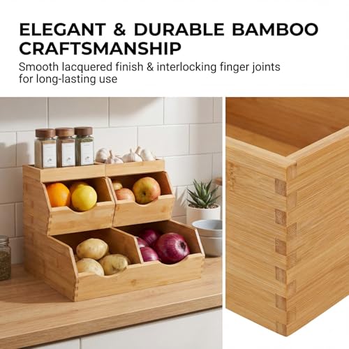 Bamboo Pantry Storage Bins Set 5 Pieces - Stackable Baskets, Potato and Onion Storage, Bamboo Wood Storage Bins for Pantry Baskets Organization and Storage, Kitchen Essential