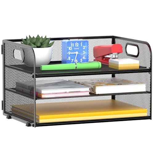 MINDEPOT 3 Tier Paper Organizer Tray with Handle, Mesh Letter Tray for Office, Home, School (1 Pack), Black - size: 12.8" x 9" x 7.5"