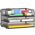 MINDEPOT 3 Tier Paper Organizer Tray with Handle, Mesh Letter Tray for Office, Home, School (1 Pack), Black - size: 12.8" x 9" x 7.5"