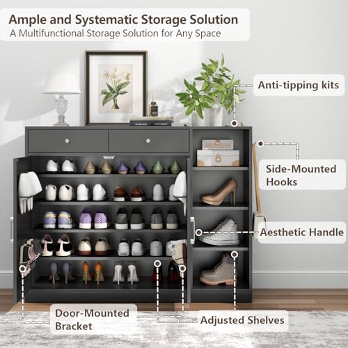 Loomie 5-Tier Shoe Cabinet with 4 Side Cubbies, Farmhouse Shoe Rack Cabinet with 6 Adjustable Shelves & 2 Drawers, Freestanding Shoe Storage Cabinet with 4 Brackets & 2 Hooks for Entryway (Black) - color: Black