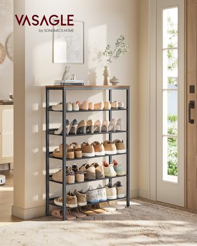 VASAGLE Shoe Rack for Entryway, 6-Tier Shoe Rack Organizer with Storage Shelves and Spacious Top, Freestanding, Adjustable, Industrial, Rustic Brown and Ink Black ULBS044KD01 - color: Rustic Brown + Ink Black, size: 6 Tiers (29.5"W)