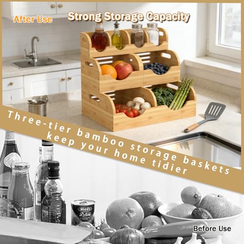 Upgraded 3 Tier Bamboo Pantry Storage Bins,Large potato storage With 2 Banana Hangers,Stackable Potato and Onion Storage Bin with Airflow Vent, Pantry Baskets, Vegetable Storage,for Kitchen Countertop