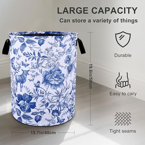 Blue Floral Laundry Basket Foldable Oxford Cloth Tote Bag Laundry Hamper Clothes Storage Bucket Organizer For Bathroom/Laundry Storage/Bedroom 19.6x15.7 Inch - color: Blue Floral