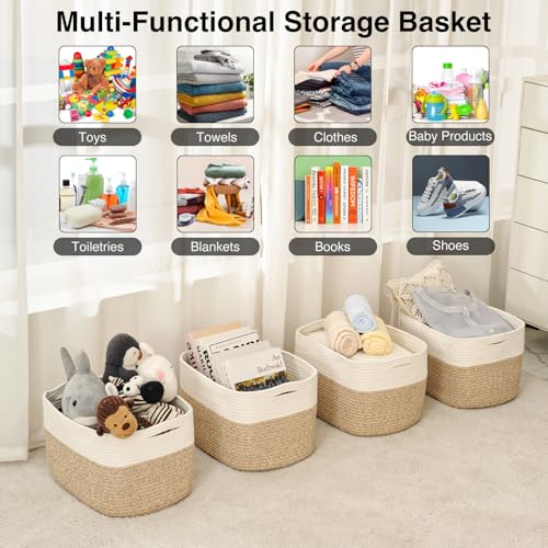 ICERZCZ Storage Baskets for Organizing & Shelves, Woven Cotton Rope Organization Bins for Dog Toys, Clothes, Books, Nursery Organizer, 15" Lx11''Wx9.5''H, (4 Packs) Off White & Brown - color: Off White & Brown, size: 15"(L)×11"(W)×9.5"(H)