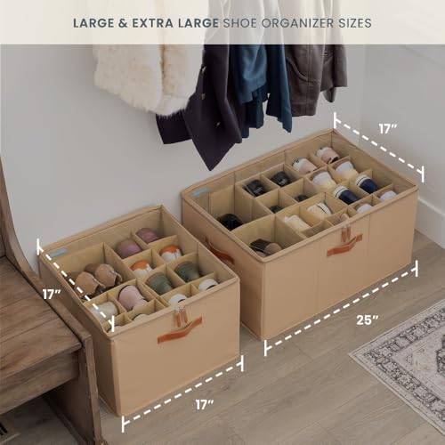 OrganiHaus Large Shoe Storage Bin for Closet, Shoe Organizer Box Fits up to 16 Pairs, Collapsible Fabric Shoe Basket w/Clear Cover, Adjustable Dividers & Reinforced Handles, Brown - color: Brown