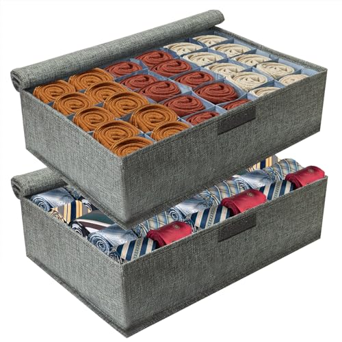 PINGMIC Gray Sock Organizer Divider 2 Pack with Lid - 30 Cell Foldable Closet Storage, Tie Organizer For Men Boxes for Socks, Ties, Belts - color: 2PACK