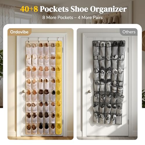 48 Pockets Over The Door Shoe Organizer, Large Mesh Hanging Shoe Rack, 6-Column Heavy Duty Shoe Storage for Sneakers and Heels, Behind Door Holder for Entryway Bedroom Dorm College, Beige - color: Beige