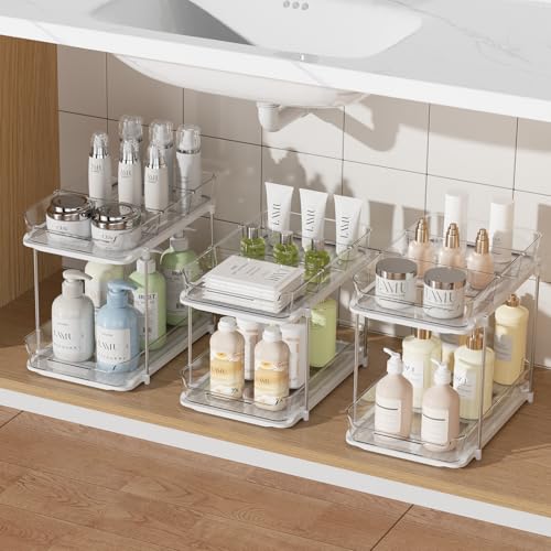 Delamu 3 Pack 2-Tier Bathroom Under Sink Organizers and Storage, Multi-Purpose Stackable Pantry Organization and Storage, Pull Out Clear Kitchen Bathroom Cabinet Organizer with Movable Dividers, White - color: White, size: 3 Pack 2-Tier