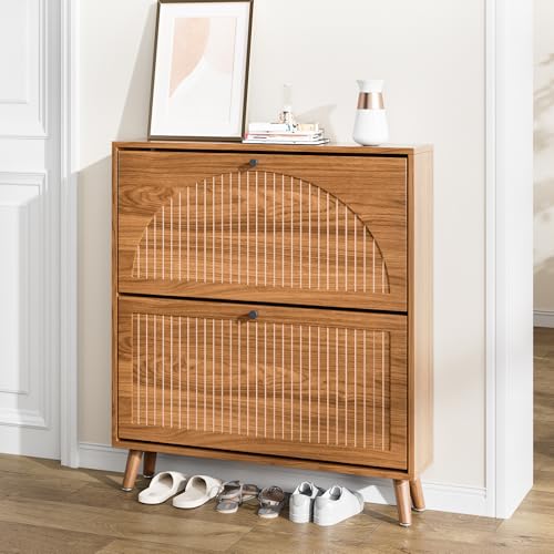 Fsbecl Shoe Storage Cabinet for Entryway with 2 Flip Drawers, Narrow Wood Shoe Cabinet with Fluted Panel, Freestanding Hidden Shoe Organizer for Foyer, Hallway (Walnut - No Shelf) - color: Walnut - No Shelf
