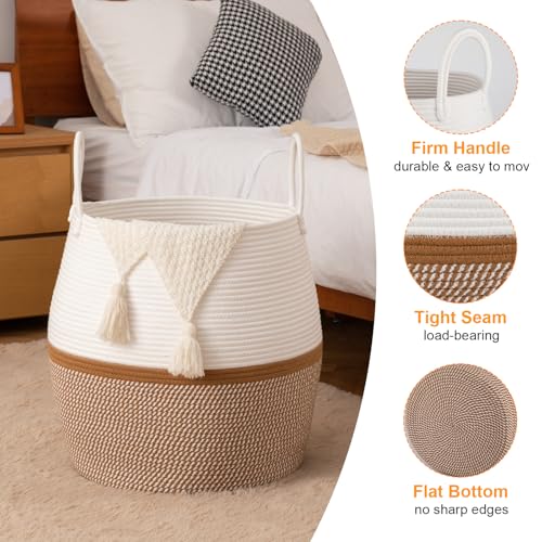 OIAHOMY 80L Blanket Basket with Handle, Storage Basket for Living Room, Laundry Hamper for Clothes, Towels, Pillows, Toy Storage for Kids and Dogs, Baby Hamper for Nursery - Brown & White - color: Brown & White, size: 80L