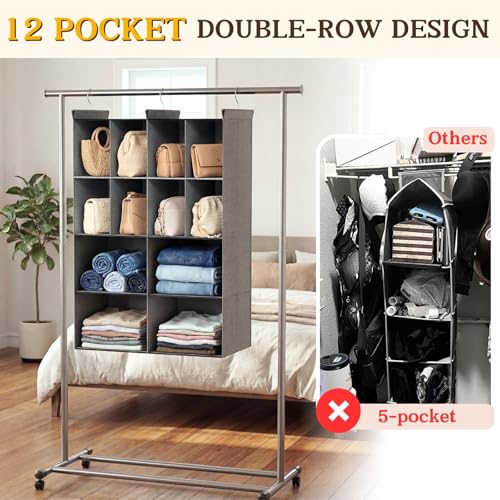 Ofiray-home 4 Tier Hanging Closet Organizer, 12 Compartments Sweater Organizer for Closet with 3 Sturdy Hooks, Closet Organizers and Storage, Wardrobe, Rv, Garment Rack, Grey - color: Grey, size: 4-Tier