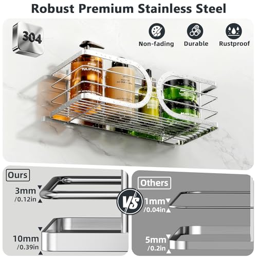 Shower Caddy 3 Pack Adhesive 304 Stainless Steel Shelves No Drill Durable Large Capacity Shower Rack Organizer Soap Holder Quick Dry Rustproof Bathroom Storage(Silver) - color: Silver, size: 3 Pack