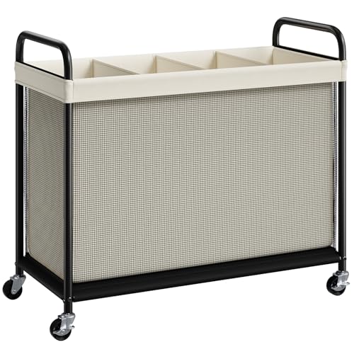 ELYKEN Laundry Hamper 4 Section, 140L Rolling Laundry Sorter with Removable Liner Bag, Laundry Basket with Wheels, Steel Frame with Metal Handle, Clothes Hamper Cart for Laundry Room & Bedroom - color: Beige, size: 4-Section